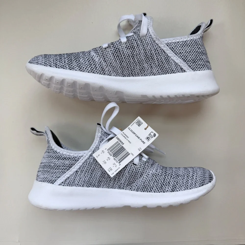 Adidas Cloudfoam Pure Womens 6 Grey White Running Shoes DB0695 Knit Sneakers